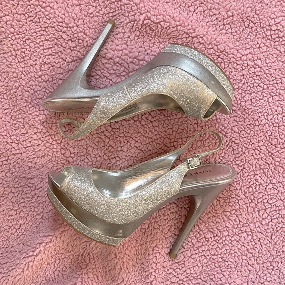 Bakers heels; silver, sparkly, platform.